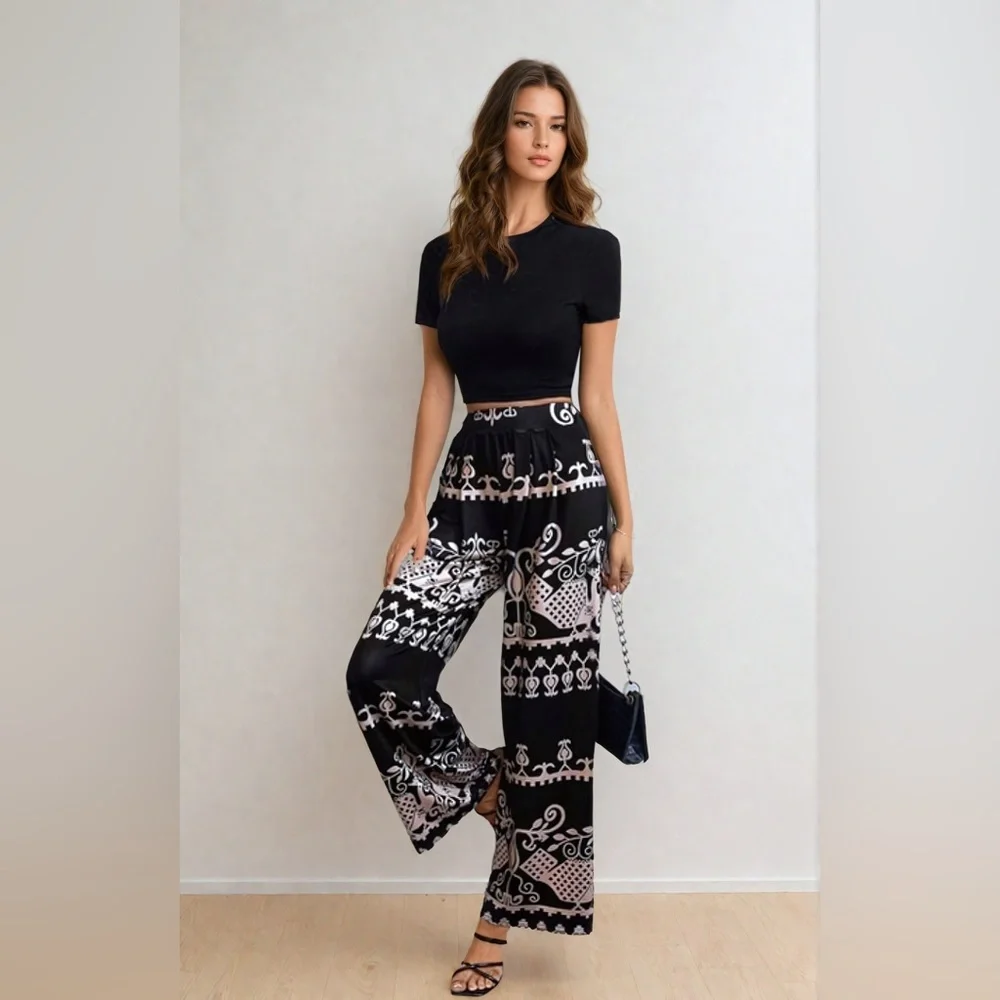 Black Crop Tee & Graphic Print Wide Leg Pants